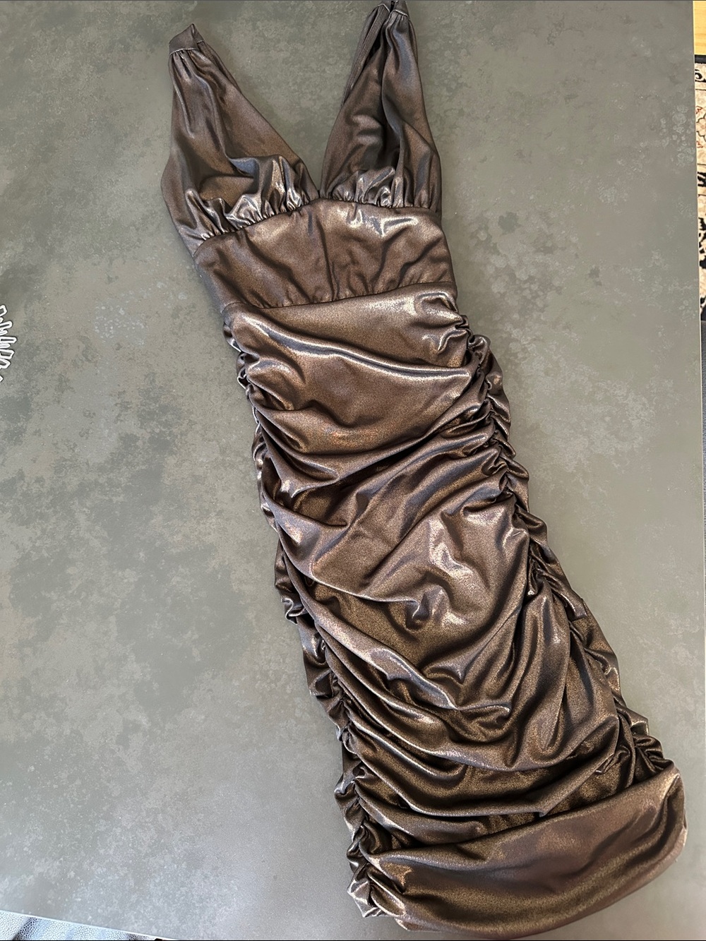 bebe Metallic Bronze Ruched Mini Dress never worn
